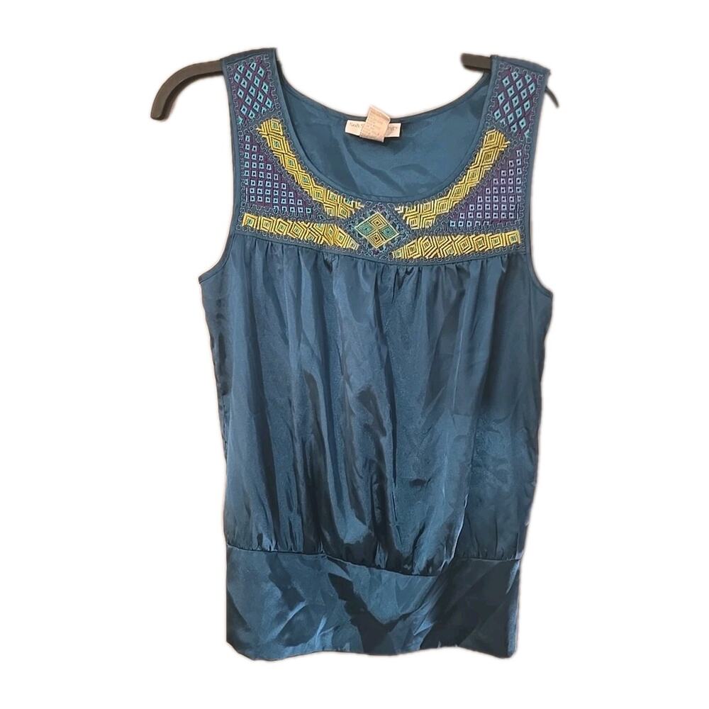 Vtg‎ Y2k Soft Surroundings Green Embroidered Satin Sleeveless Tank Top Woman Sm